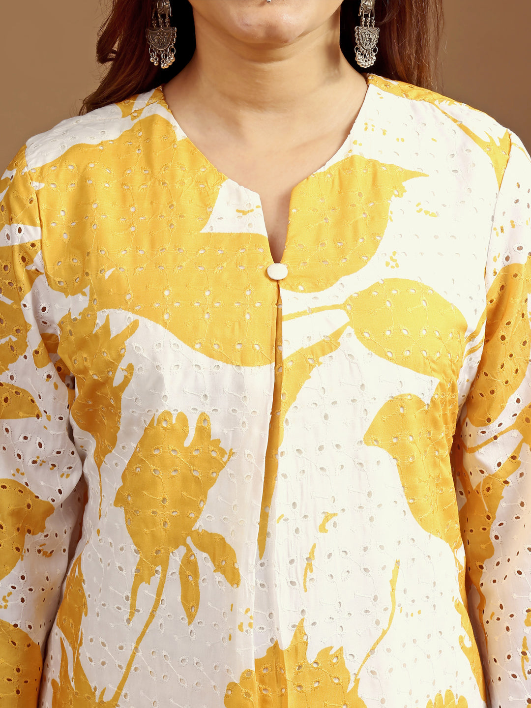 Yellow & White hakoba printed tunic with trouser cord set